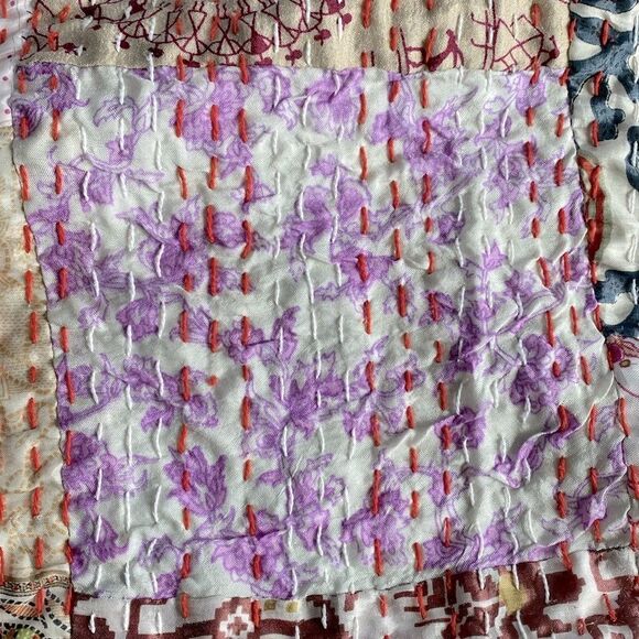 Kantha Silk Blend Throw Blanket Patchwork Quilt Multicolor  66” x 86” - Picture 5 of 12